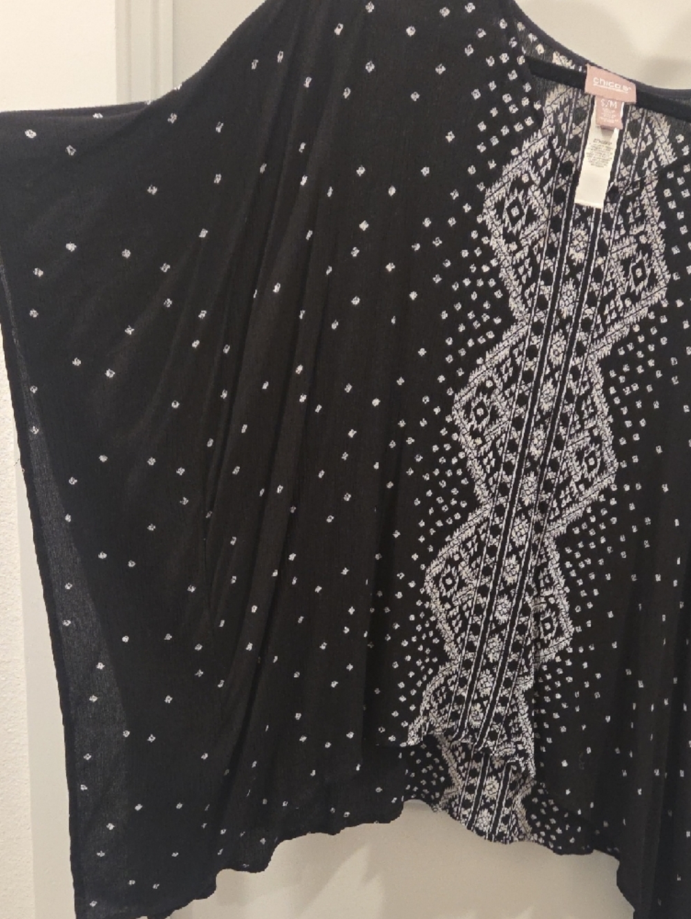 Chico's Black Poncho with White Geometric Embroidery - Picture 3 of 4
